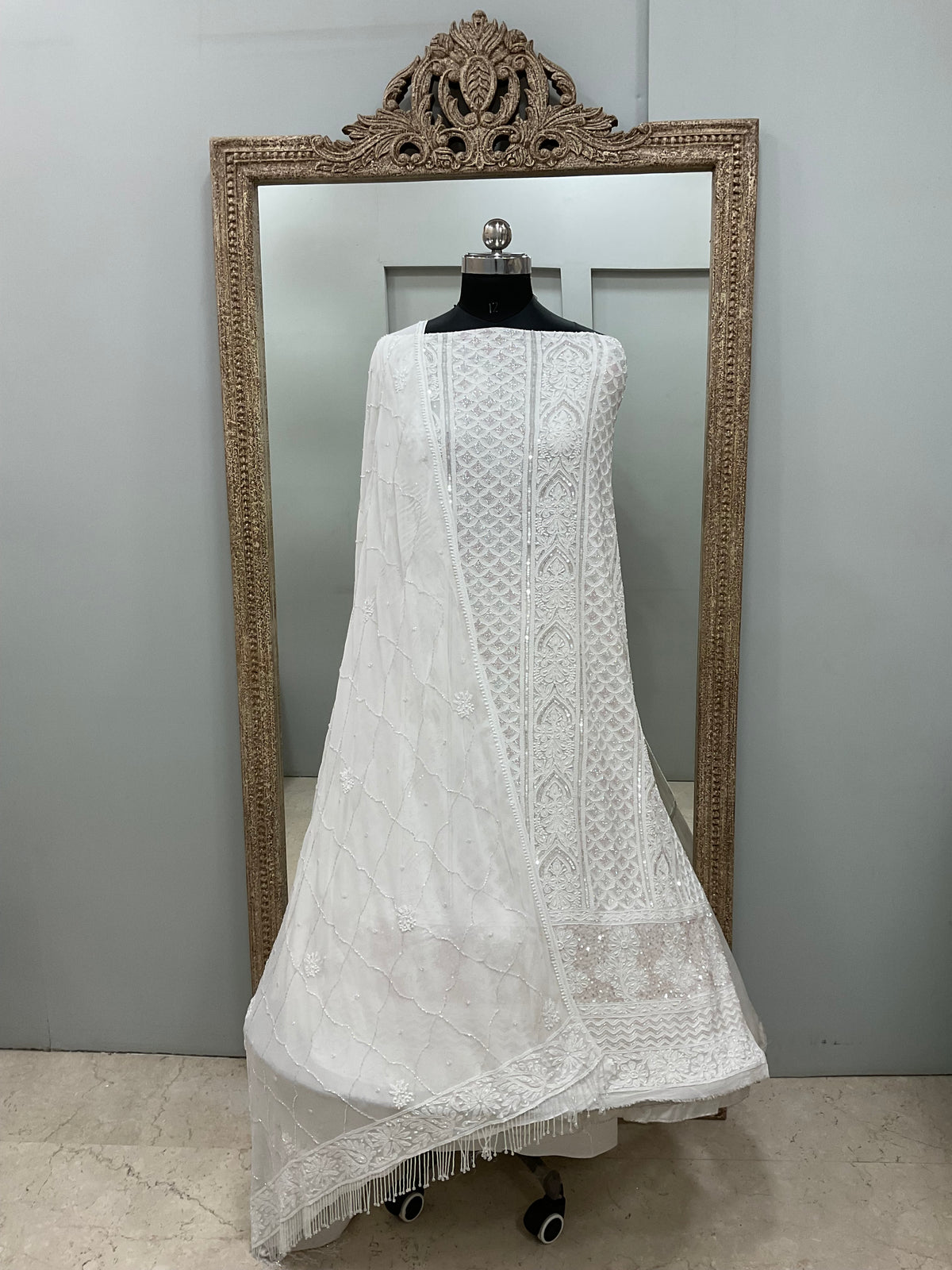 Pure Georgette Heavy Pearl Cutdana and Sequence Designer Off White