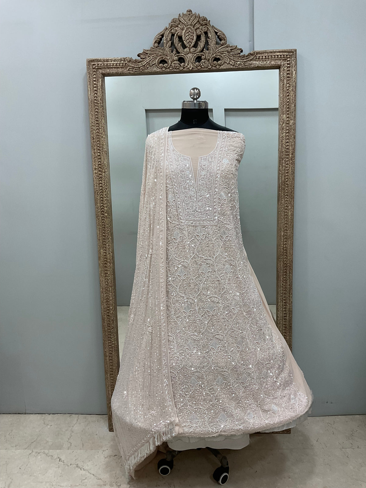 Pure Georgette Heavy Pearl Cutdana and Sequence Designer Beige