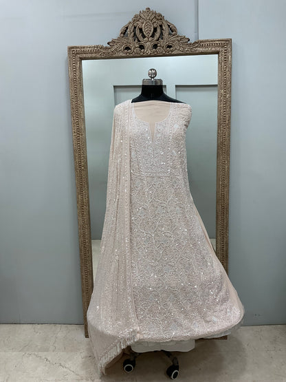 Pure Georgette Heavy Pearl Cutdana and Sequence Designer Beige