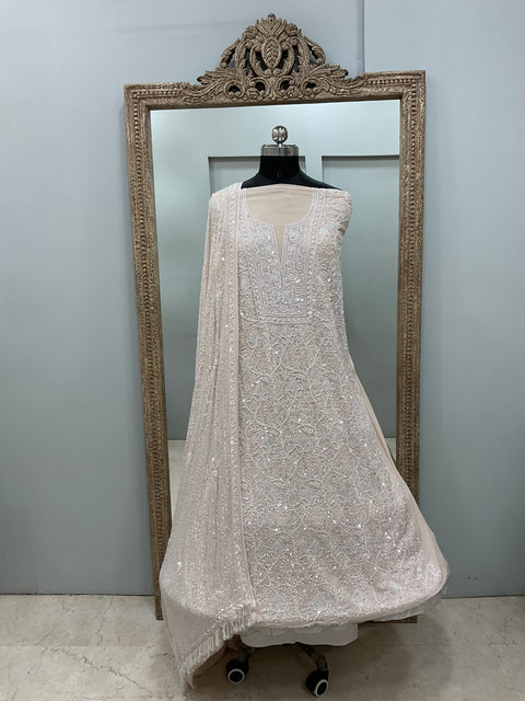 Pure Georgette Heavy Pearl Cutdana and Sequence Designer Beige