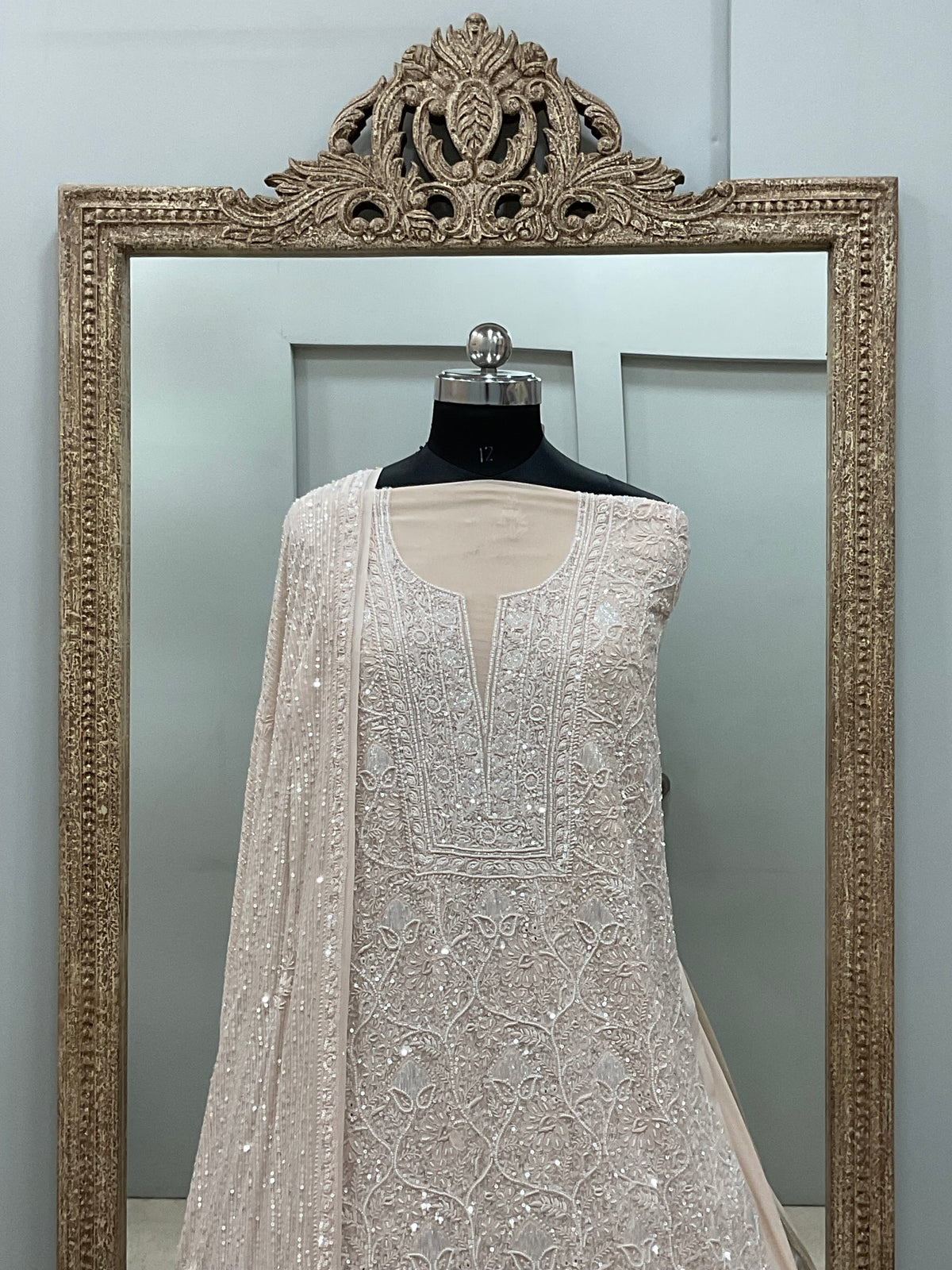 Pure Georgette Heavy Pearl Cutdana and Sequence Designer Beige