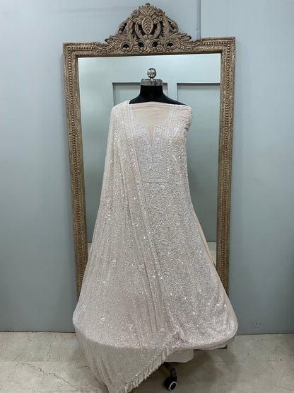 Pure Georgette Heavy Pearl Cutdana and Sequence Designer Beige