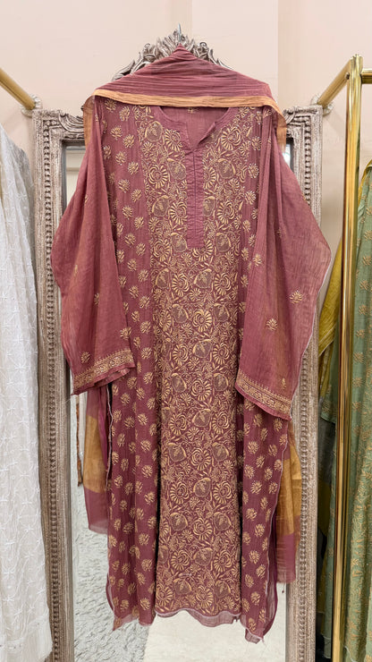 Tissue Semistihed Straight Chikan Jali Work Shirt And Dupatta Rust