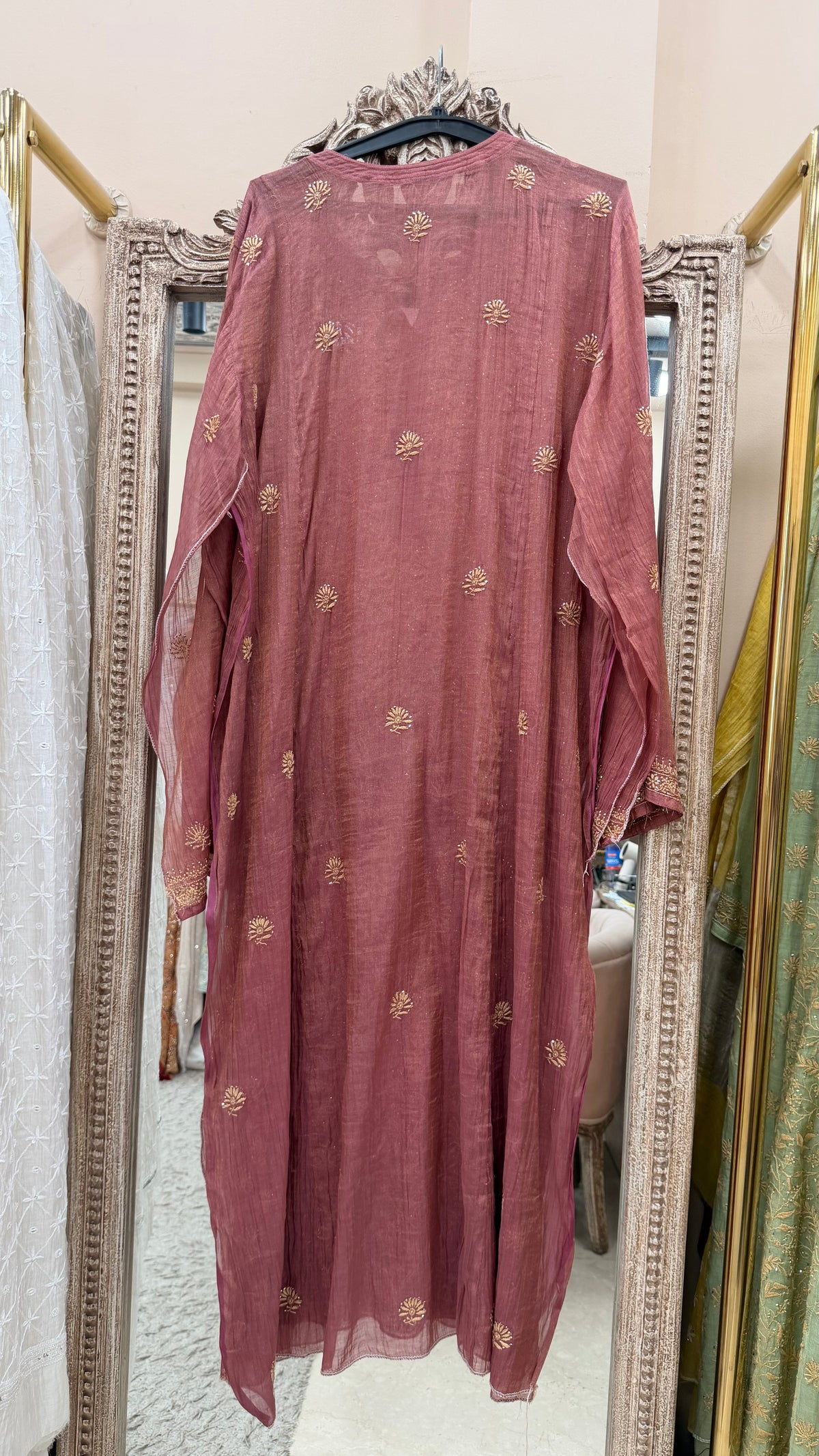 Tissue Semistihed Straight Chikan Jali Work Shirt And Dupatta Rust