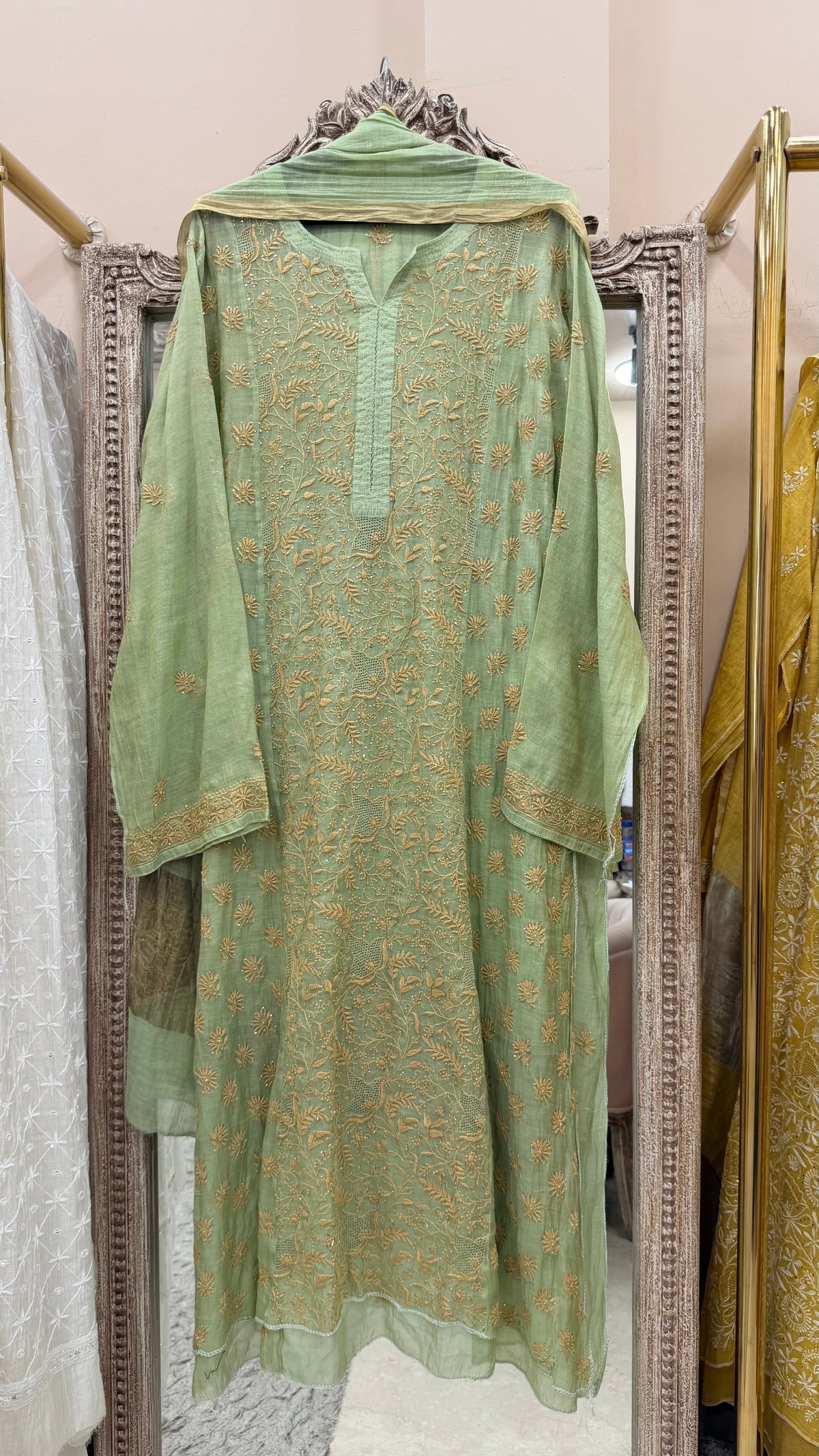 Tissue Semistihed Straight Chikan Jali Work Shirt And Dupatta Green