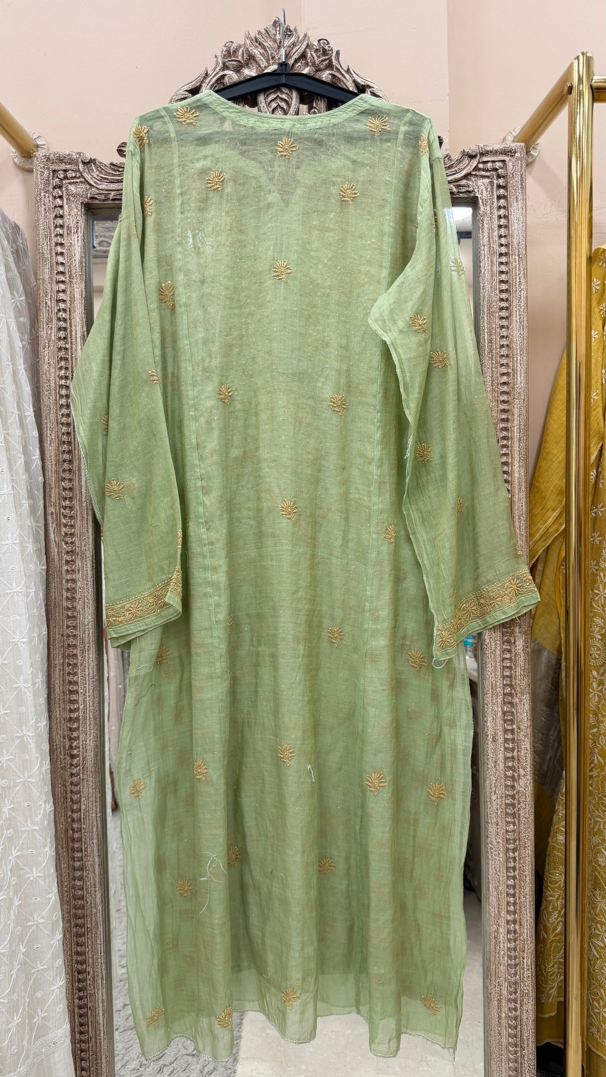 Tissue Semistihed Straight Chikan Jali Work Shirt And Dupatta Green