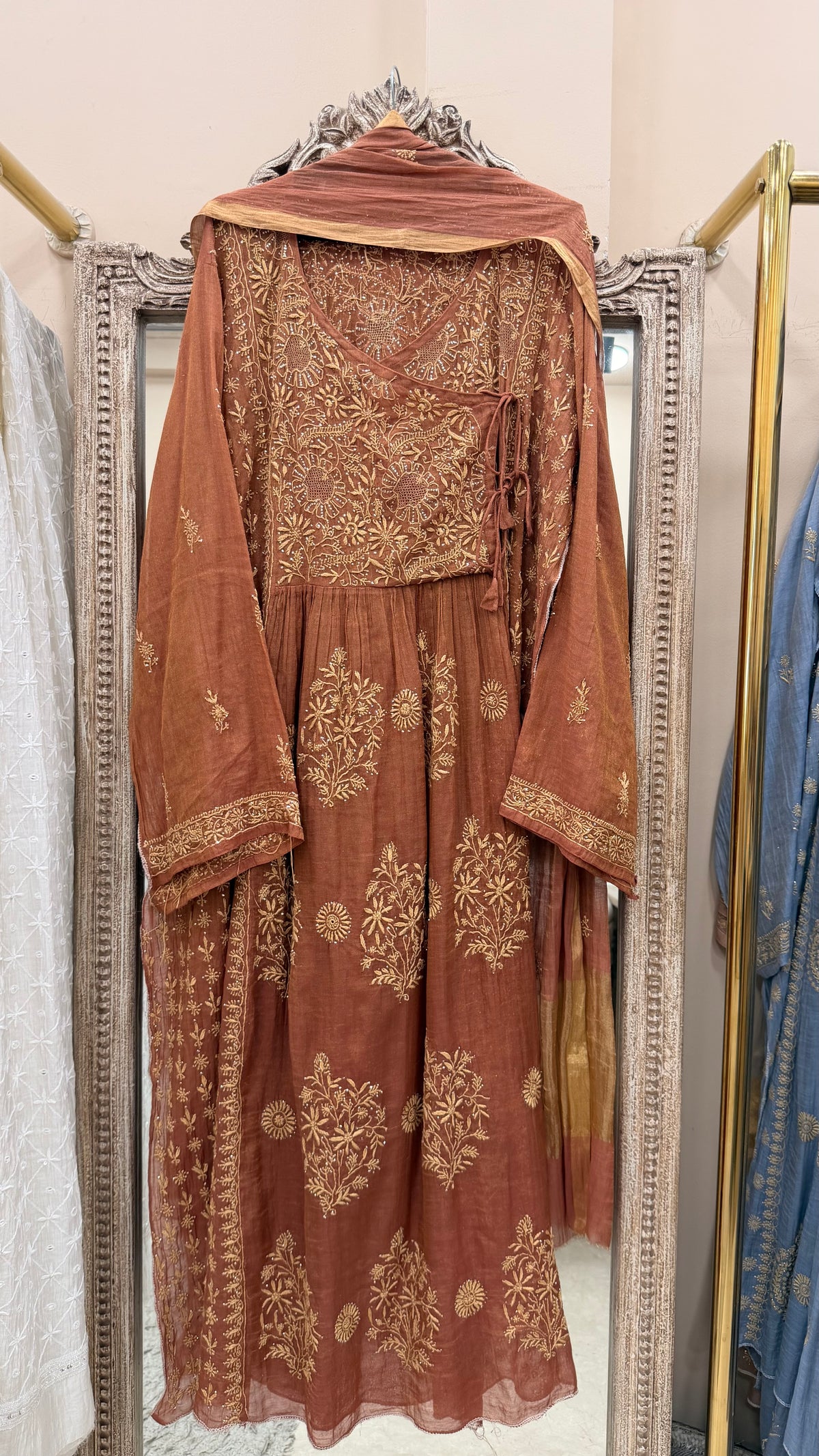 Tissue Semistihed Angrakha Chikan Jali Work Shirt And Dupatta Rust