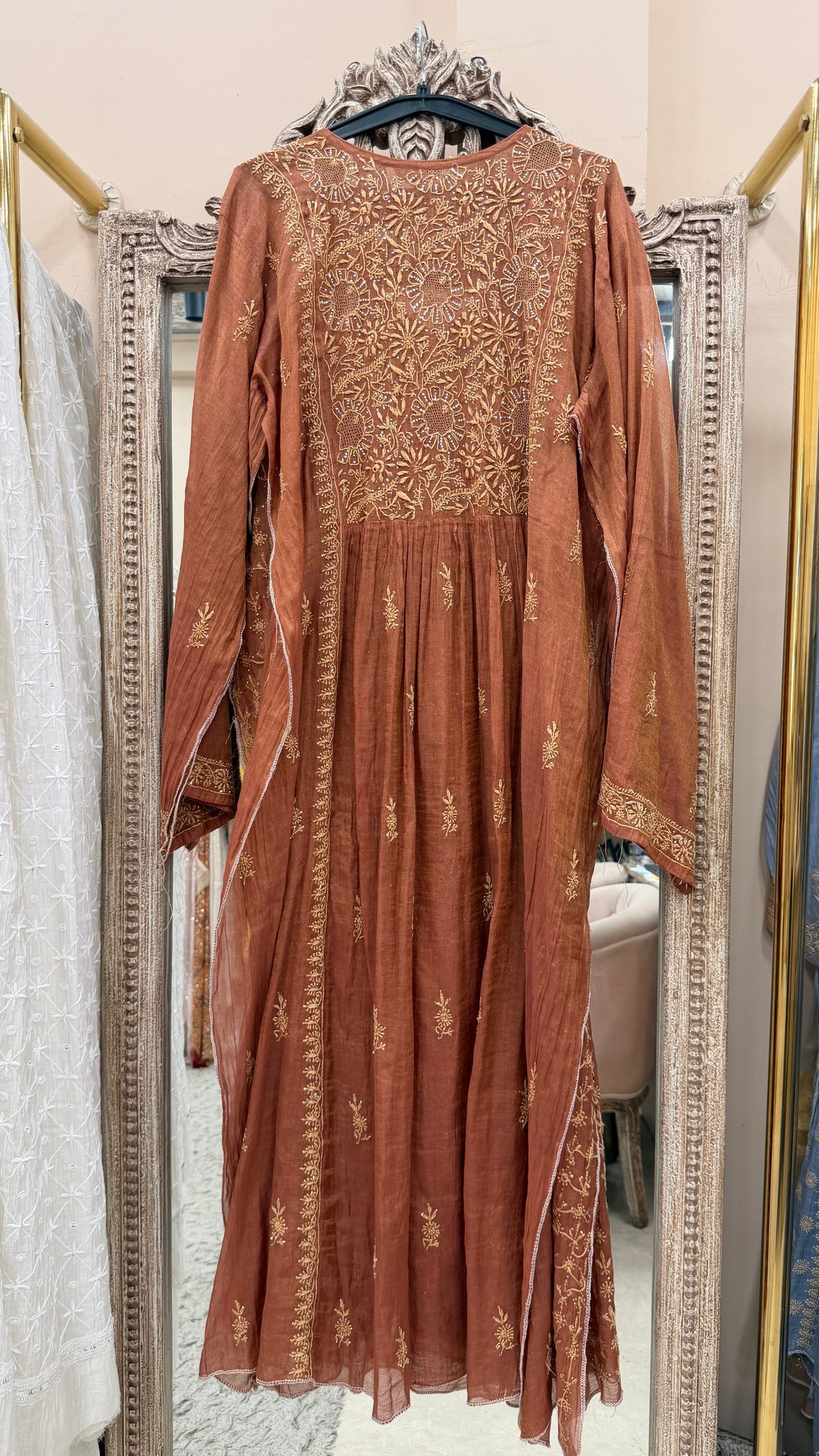 Tissue Semistihed Angrakha Chikan Jali Work Shirt And Dupatta Rust