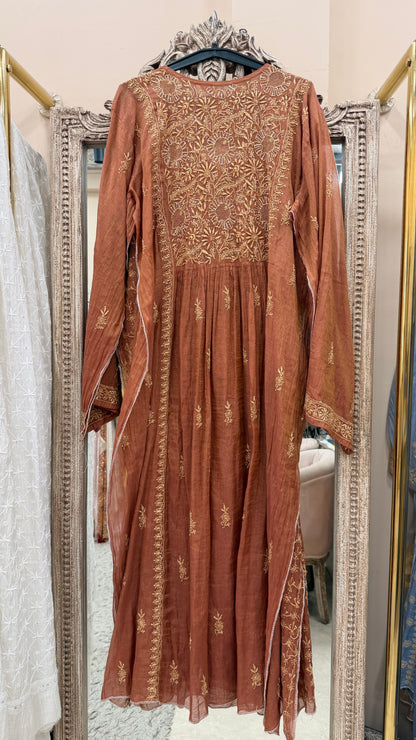 Tissue Semistihed Angrakha Chikan Jali Work Shirt And Dupatta Rust