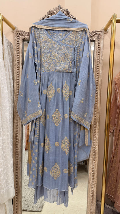 Tissue Semistihed Angrakha Chikan Jali Work Shirt And Dupatta Blue