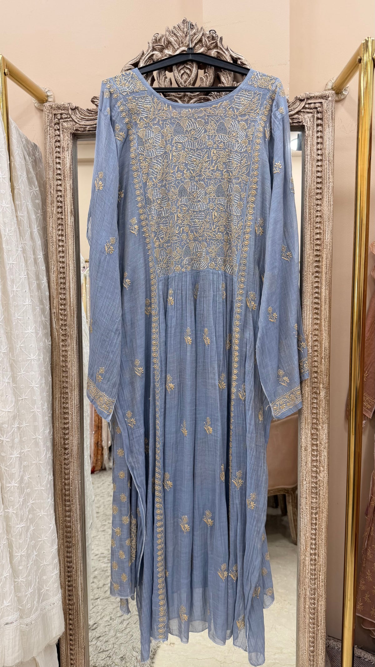 Tissue Semistihed Angrakha Chikan Jali Work Shirt And Dupatta Blue