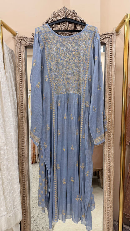 Tissue Semistihed Angrakha Chikan Jali Work Shirt And Dupatta Blue