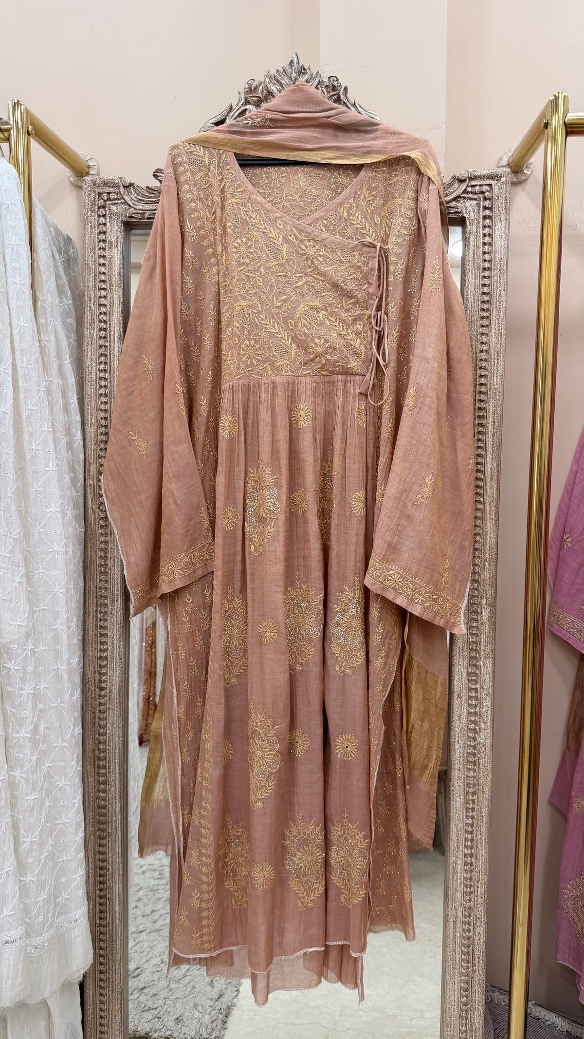 Tissue Semistihed Angrakha Chikan Jali Work Shirt And Dupatta Peach