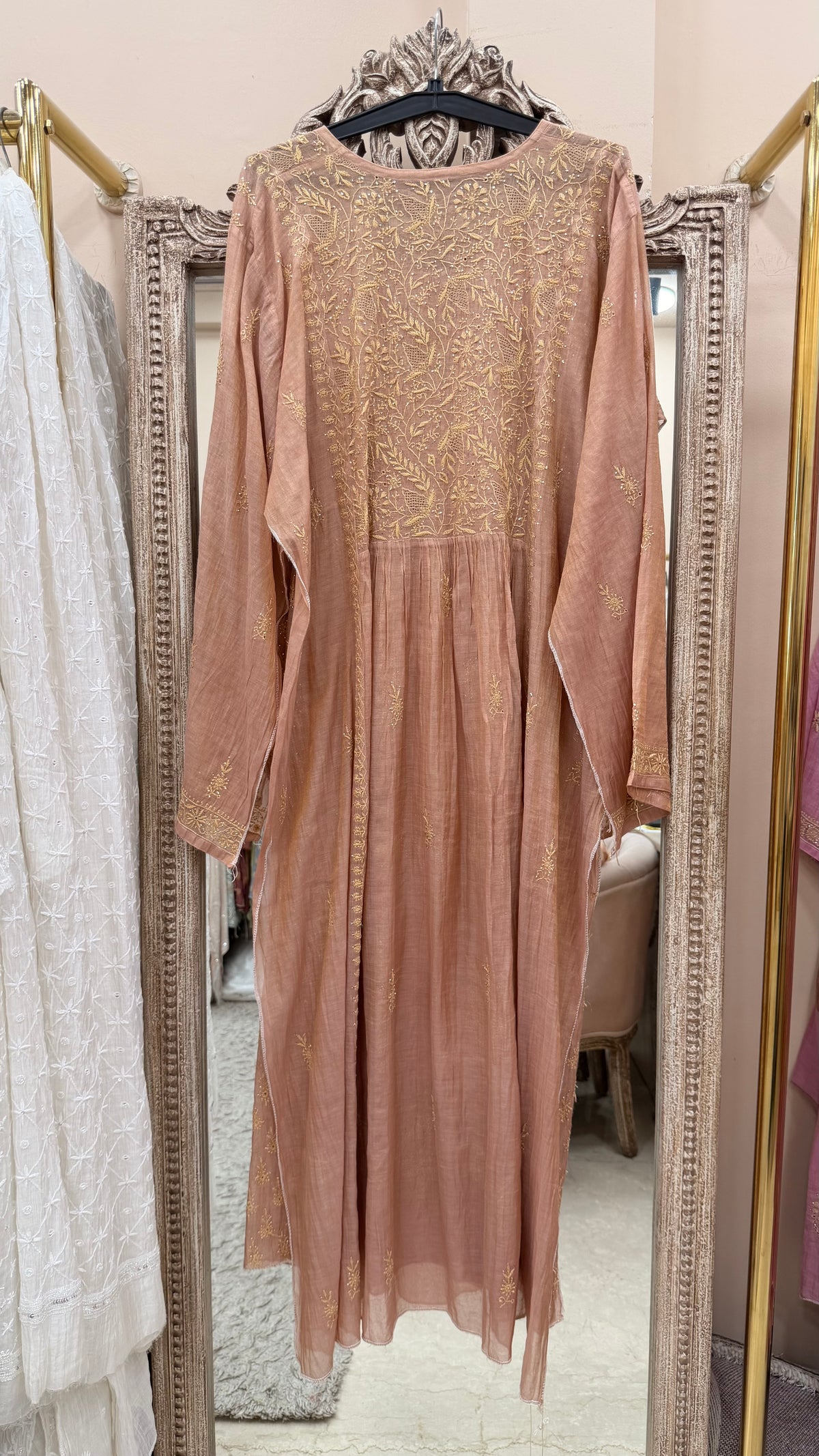 Tissue Semistihed Angrakha Chikan Jali Work Shirt And Dupatta Peach
