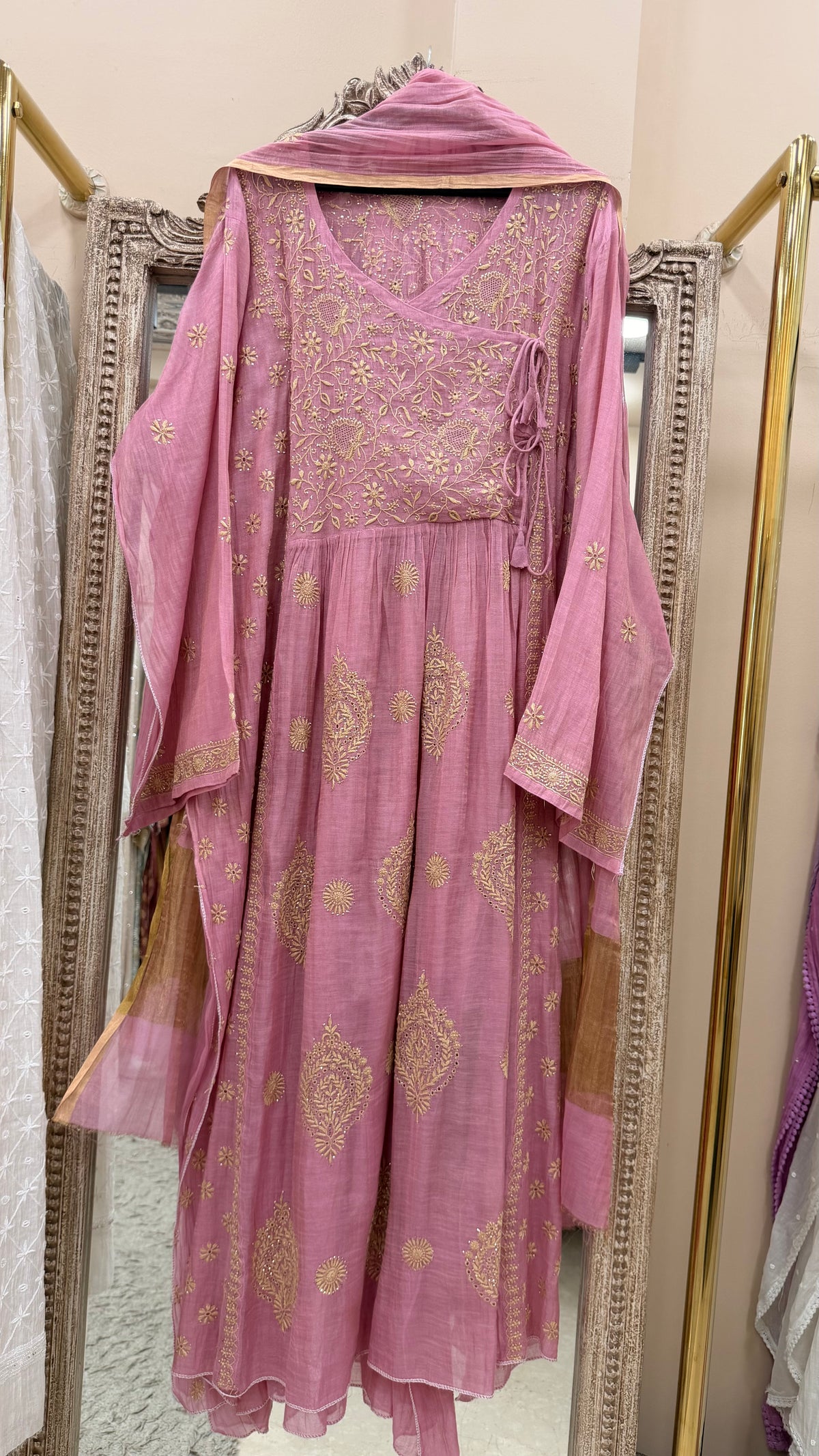 Tissue Semistihed Angrakha Chikan Jali Work Shirt And Dupatta Pink