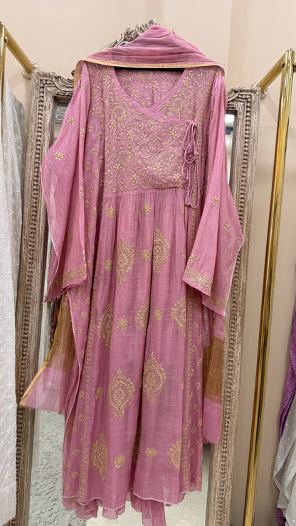 Tissue Semistihed Angrakha Chikan Jali Work Shirt And Dupatta Pink