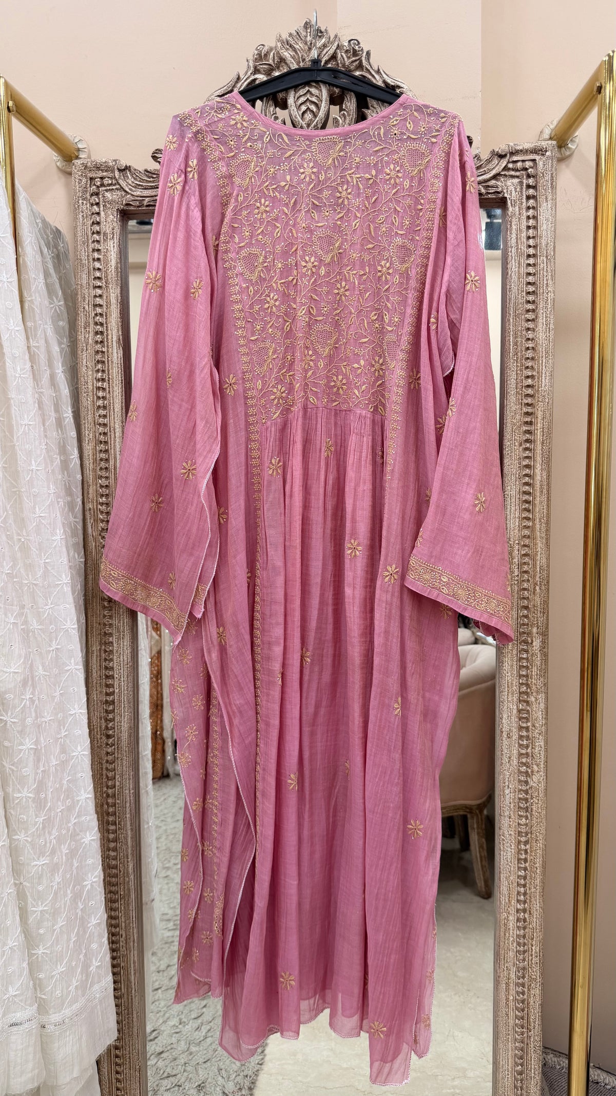 Tissue Semistihed Angrakha Chikan Jali Work Shirt And Dupatta Pink