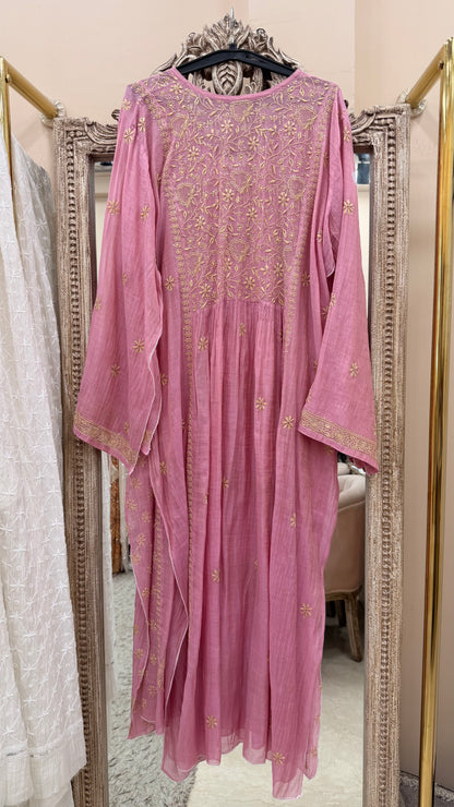 Tissue Semistihed Angrakha Chikan Jali Work Shirt And Dupatta Pink