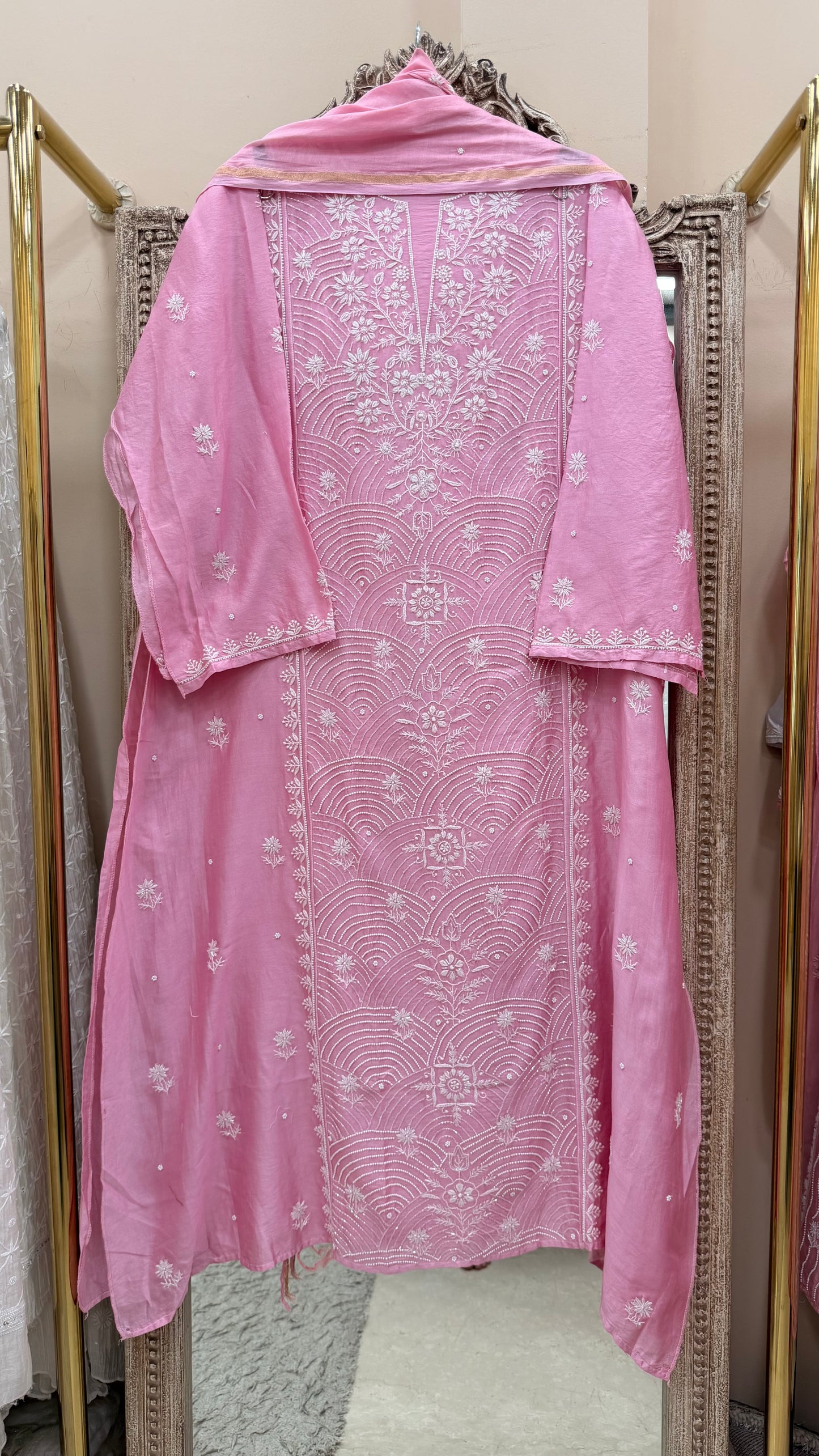 Pure Mulmul Chanderi  Straight  Pearl And Addon Work With Dupatta Pink