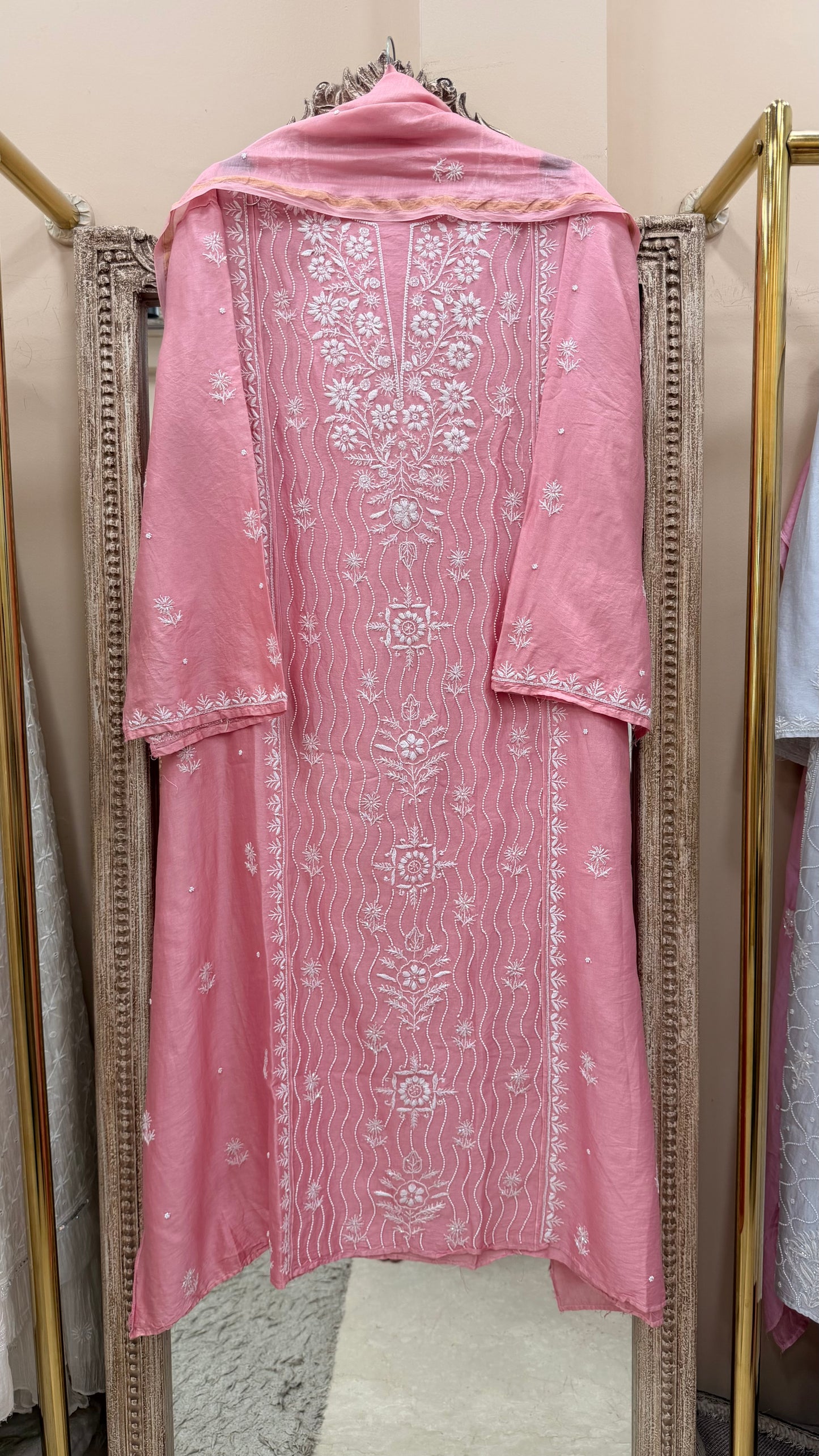 Pure Mulmul Chanderi  Straight  Pearl And Addon Work With Dupatta Peach