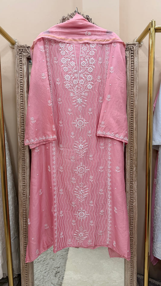 Pure Mulmul Chanderi  Straight  Pearl And Addon Work With Dupatta Peach