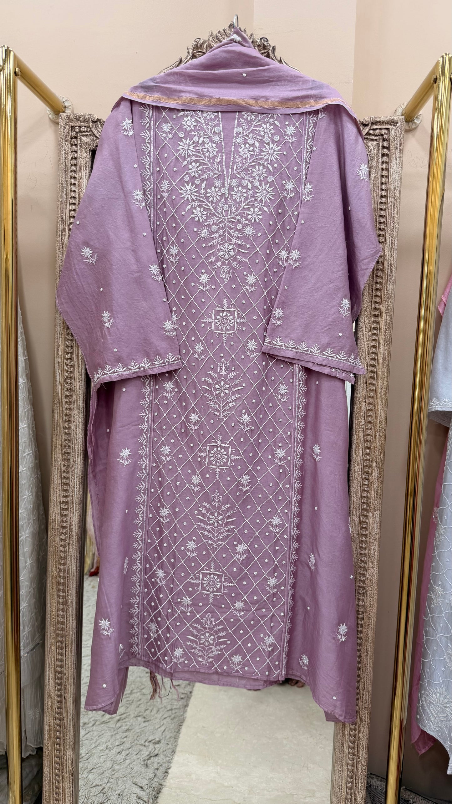 Pure Mulmul Chanderi  Straight  Pearl And Addon Work With Dupatta Lilac