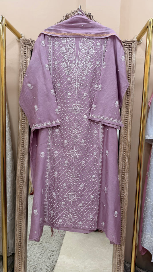 Pure Mulmul Chanderi  Straight  Pearl And Addon Work With Dupatta Lilac
