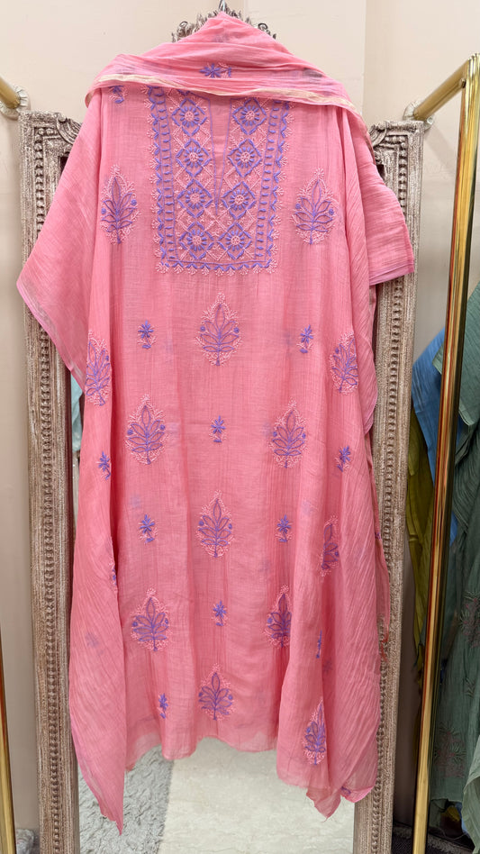 Pure Mul Straight Heavy Chikan Work With Dupatta Peach