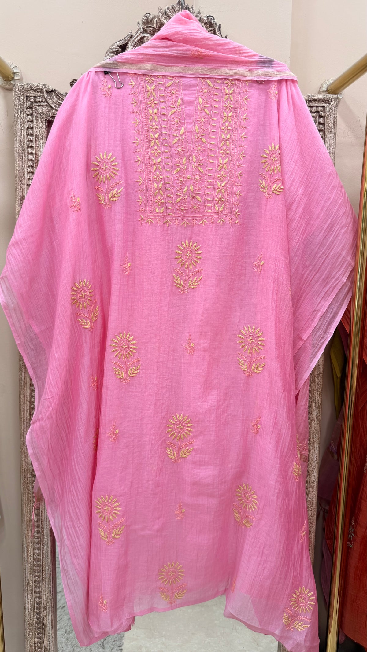 Pure Mul Straight Heavy Chikan Work With Dupatta Pink