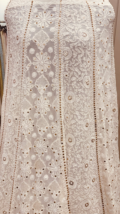 Pure Georgette Heavy Mukaish Ghera Off-White