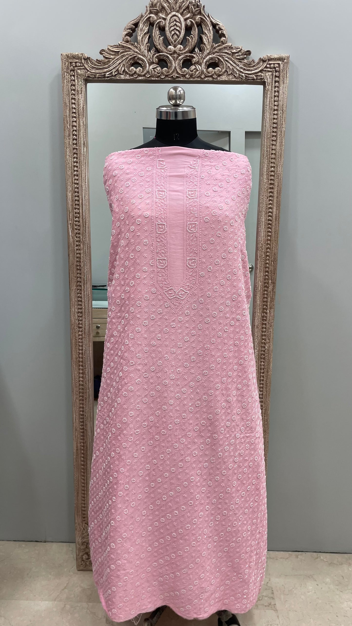 Gents Kurta Pure Chanderi Front Jaal Heavy Cutdana and Pearl Pink