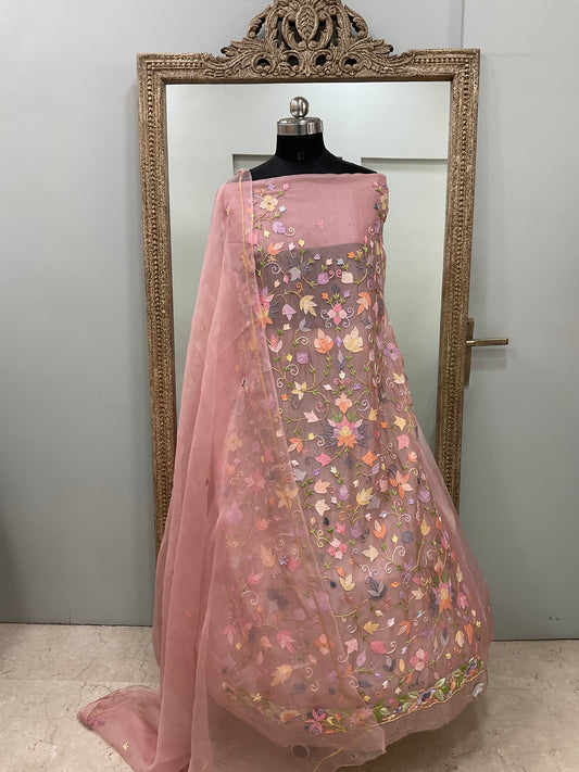 Pure Organza Straight With Heavy Parsi Work Powder Peach