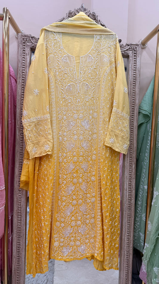Pure Mulmul Cotton Semistiched Kurta Pearl And Addon Work With Dupatta Yellow