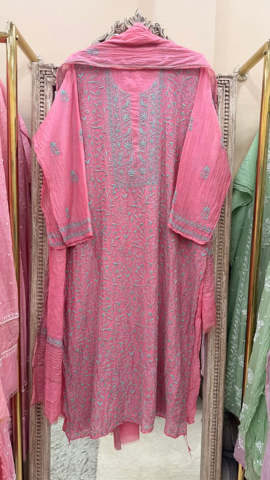 Pure Mul Straight Heavy Chikan Work With Dupatta Pink