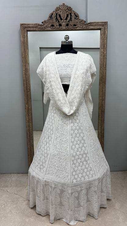 Pure Georgette Lehenga With Heavy Fine Chikan Work Off White 01