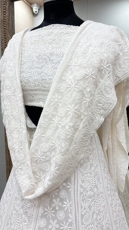Pure Georgette Lehenga With Heavy Fine Chikan Work Off White 01