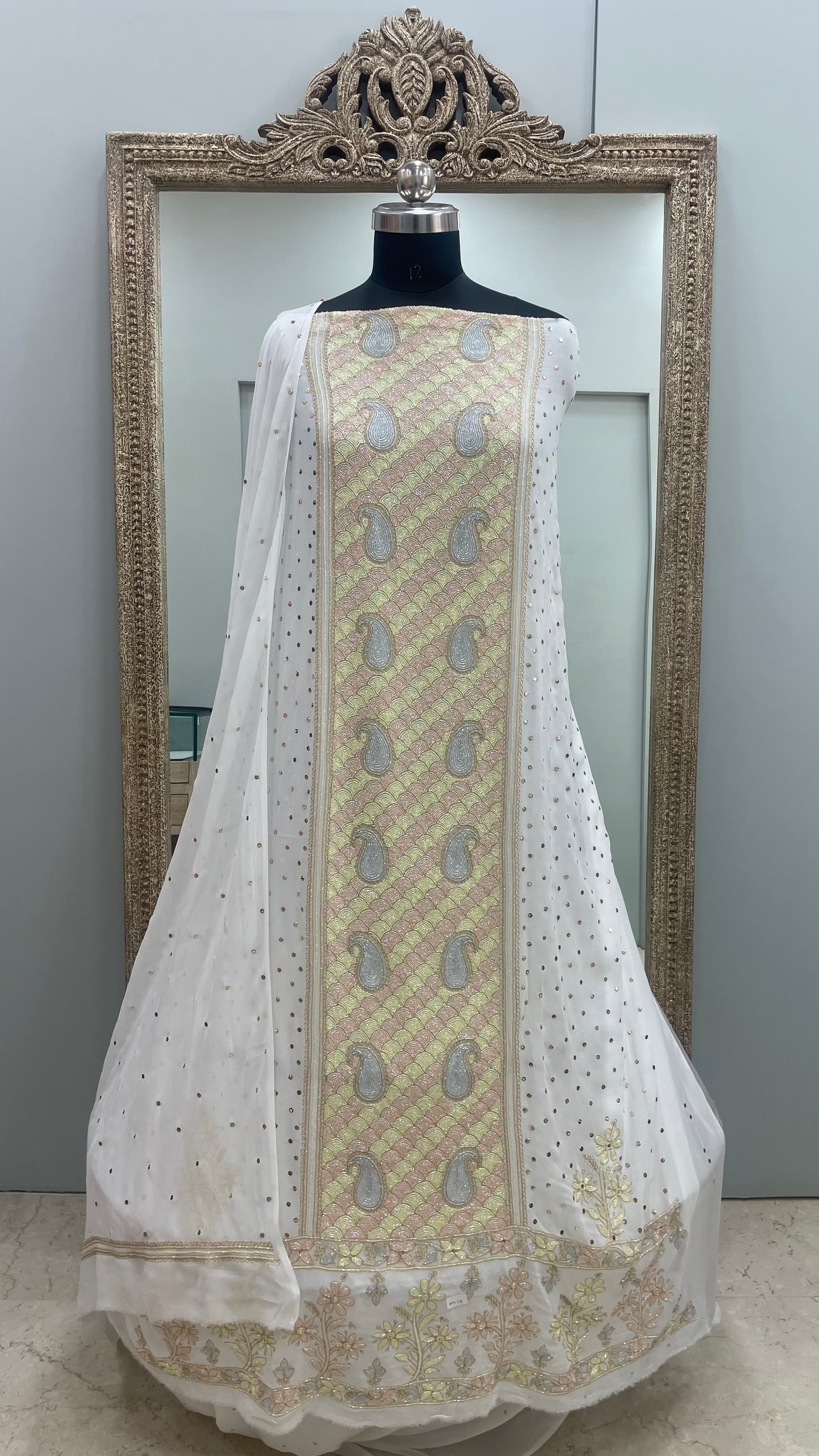 Badla Mukaish and Heavy Multicoloured Cutdana Shirt and Dupatta White 01