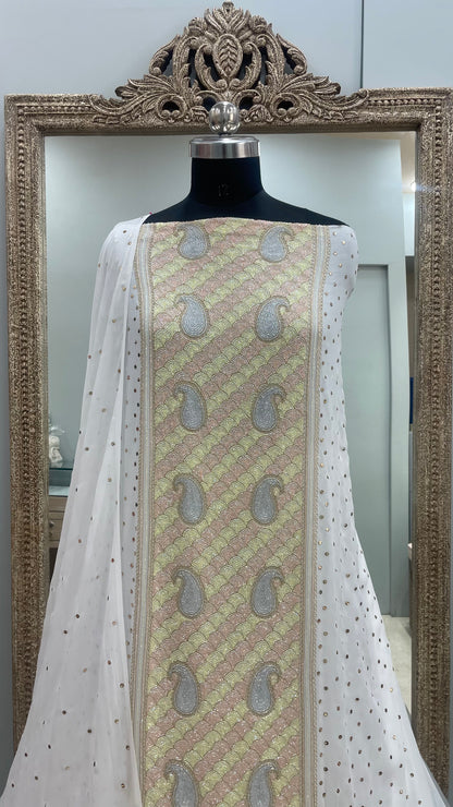 Badla Mukaish and Heavy Multicoloured Cutdana Shirt and Dupatta White 01