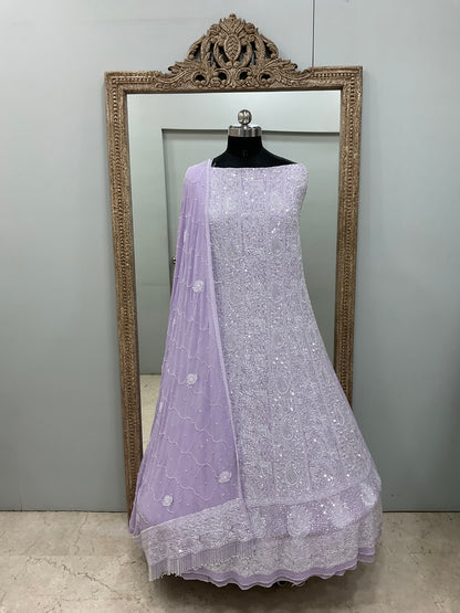 Pure Georgette Anarkali Heavy Pearl, Cutdana and Sequence Lilac
