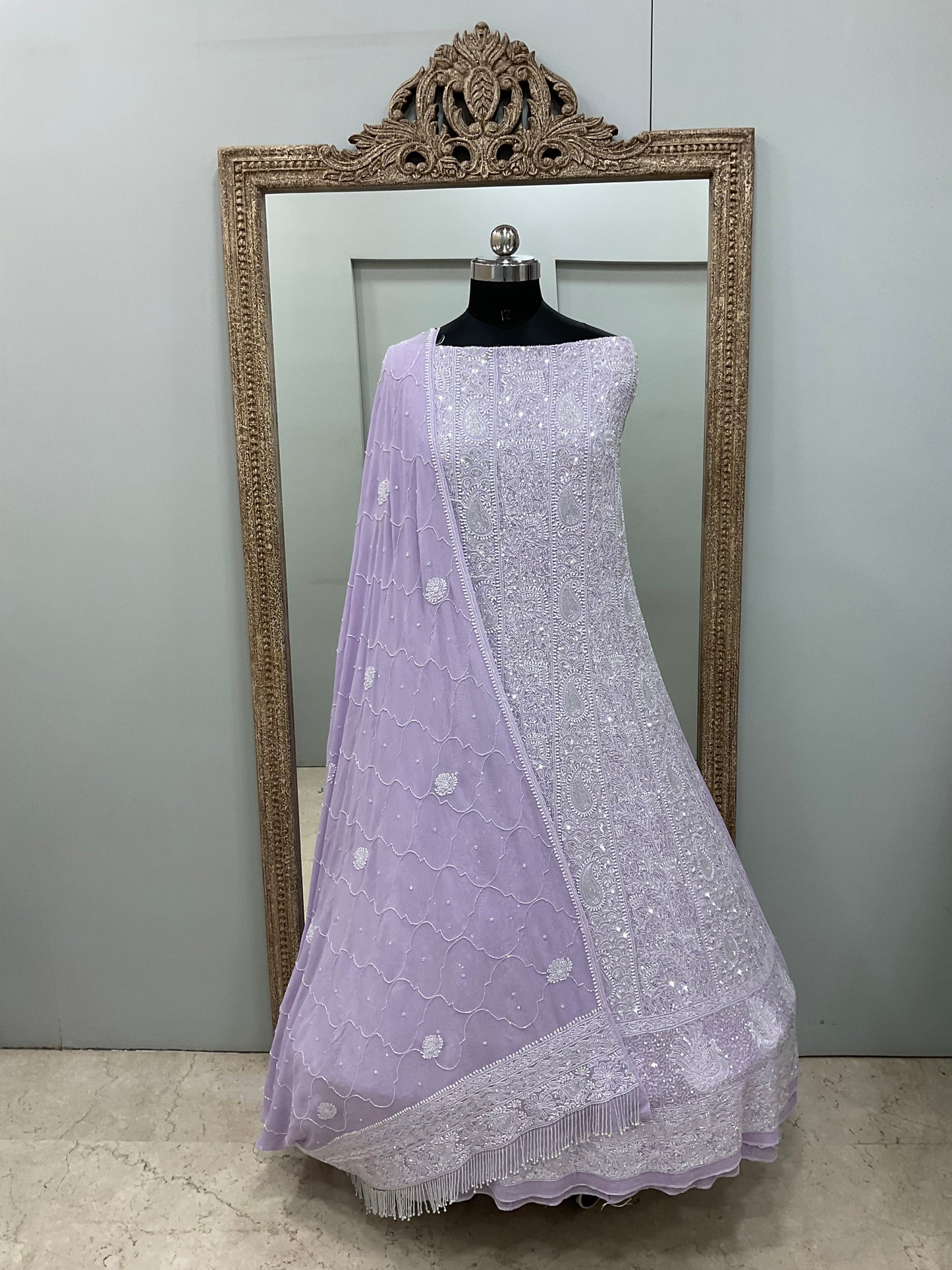 Pure Georgette Anarkali Heavy Pearl, Cutdana and Sequence Lilac