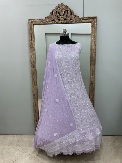 Pure Georgette Anarkali Heavy Pearl, Cutdana and Sequence Lilac