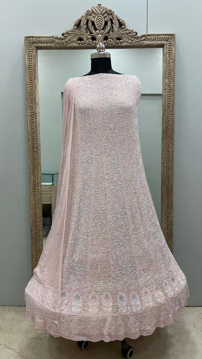 Pure Georgette Anarkali Heavy Pearl, Multi Coloured Cutdana and Sequence Peachy Pink