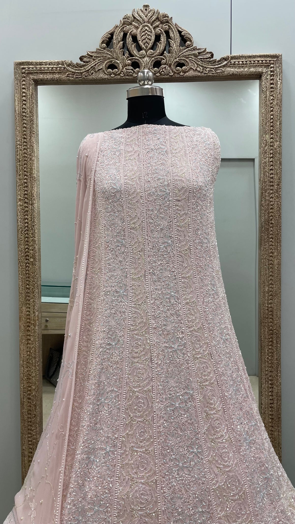 Pure Georgette Anarkali Heavy Pearl, Multi Coloured Cutdana and Sequence Peachy Pink