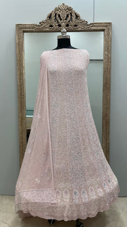 Pure Georgette Anarkali Heavy Pearl, Multi Coloured Cutdana and Sequence Peachy Pink
