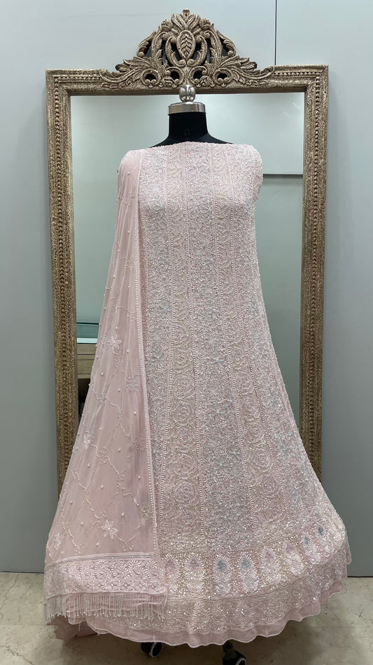 Pure Georgette Anarkali Heavy Pearl, Multi Coloured Cutdana and Sequence Peachy Pink