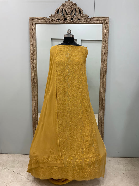 Chickan Mukaish Georgette Straigth Shirt And Dupatta Mustard Yellow