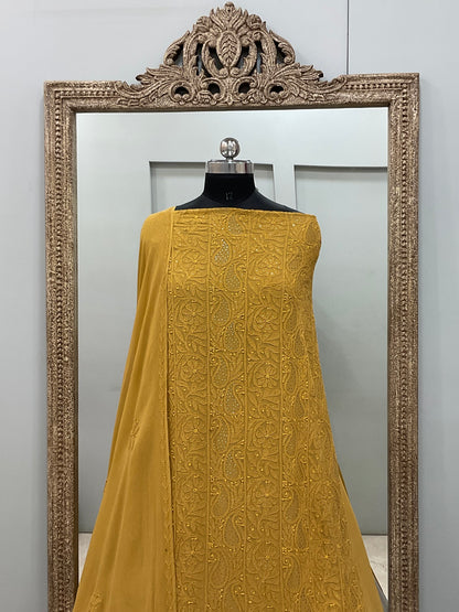 Chickan Mukaish Georgette Straigth Shirt And Dupatta Mustard Yellow
