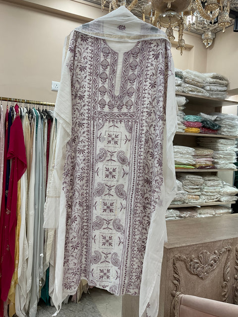 Pure Mulmul Cotton Semistiched Kurta Pearl And Addon Work With Dupatta White