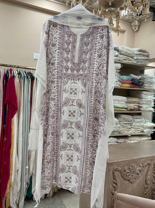 Pure Mulmul Cotton Semistiched Kurta Pearl And Addon Work With Dupatta White