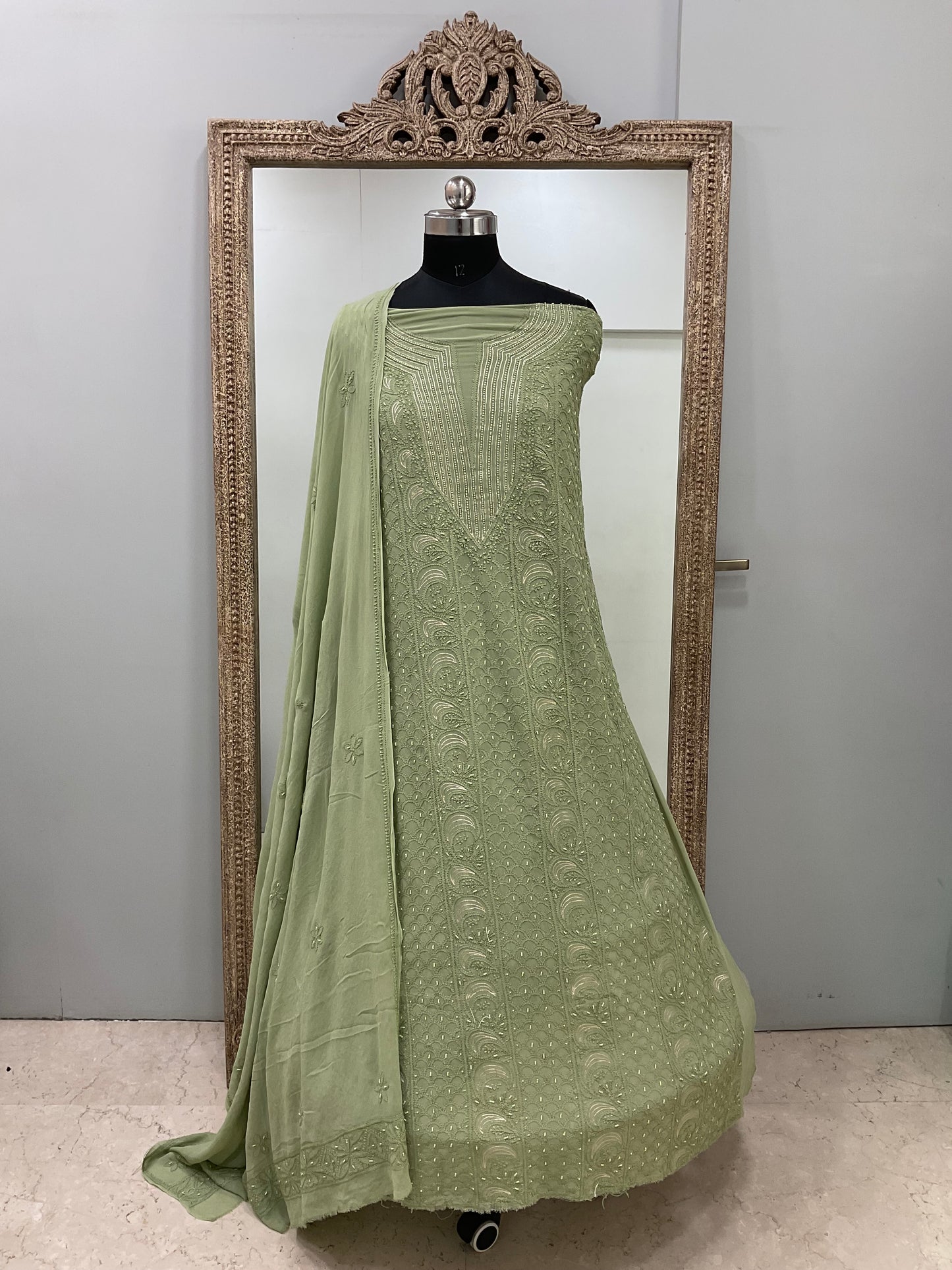 Colored Pearl Georgette Shirt With Dupatta Green